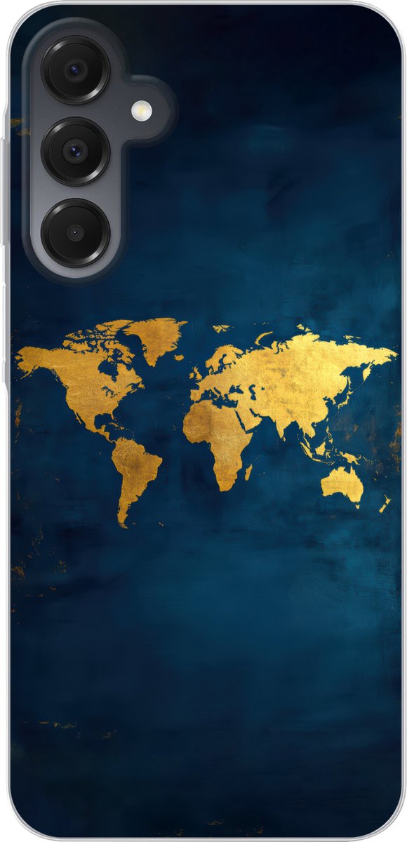 Telefoonhoesje Geschikt voor Samsung Galaxy A16 hoesje - Wereldkaart - Goud - Donkerblauw - Siliconen Telefoonhoesje Telefoonhoesje