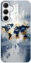 Telefoonhoesje Geschikt voor Samsung Galaxy A35 hoesje - Wereldkaart - Blauw - Abstract - Siliconen Telefoonhoesje Telefoonhoesje