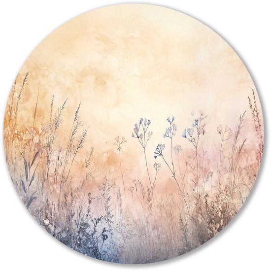 Zacht bloemenveld in pasteltinten - Natuur rond schilderij - Wandpaneel bloemen - Aquarel - Dibond wandkunst rond - Muur kunst - muurcirkel aluminium 80x80 cm