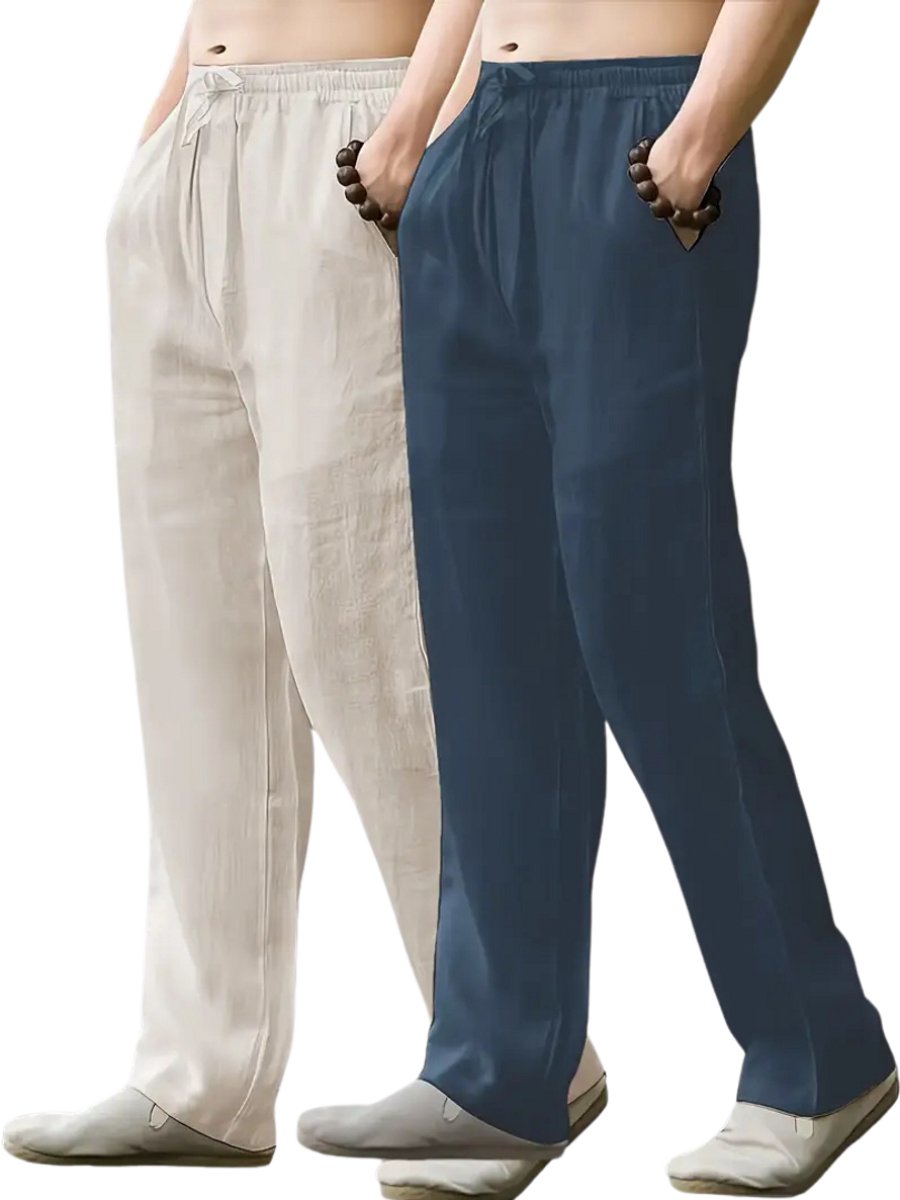 Bovista Linnen Broek Heren Zomerbroek Volwassenen Lange Broek Pantalon Strandbroek Zomer Ibiza Stijl 2 Stuks & Marineblauw