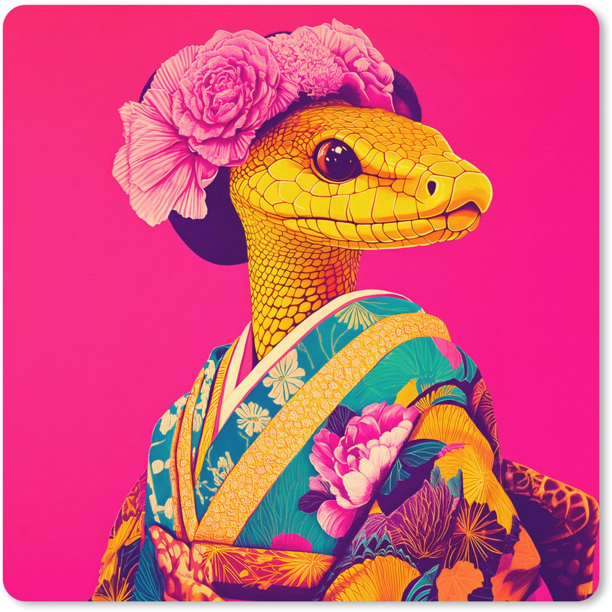Muismat XXL 60x60 cm - Bureau onderlegger - Bureau mat Hagedis - Bloemen - Roze - Kimono - Bureaumat - Gaming mousepad xl - Bureaulegger groot - Computer deskmat