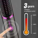 Vinger drukt op roze knop van grijze haarstyler met thermometericoon.