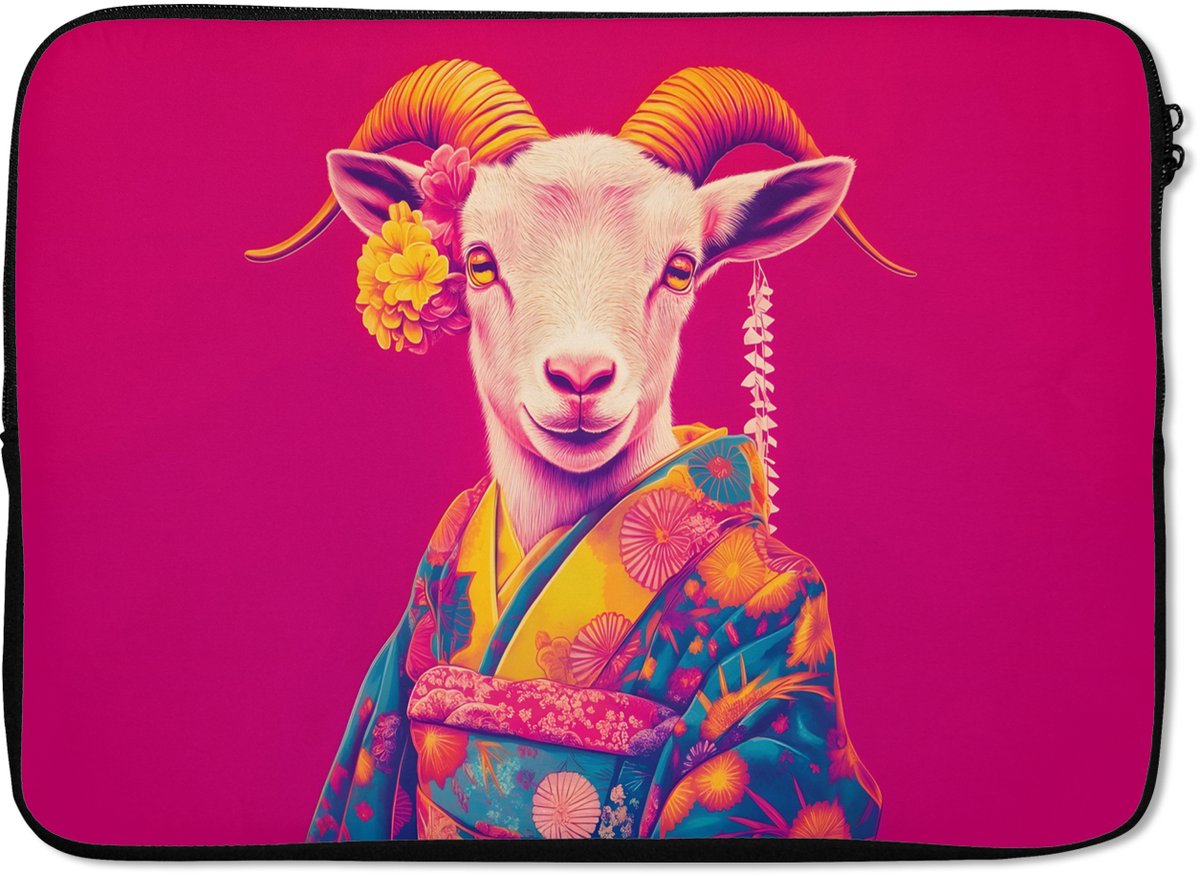 Laptophoes 14 inch - Geit - Hoorns - Kimono - Kleurrijk - Laptop sleeve - Binnenmaat 33x23 cm - Zwarte achterkant