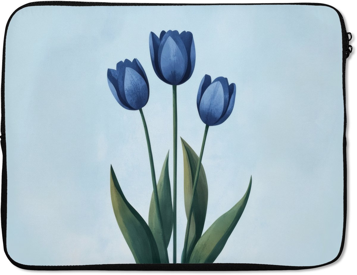 Laptophoes 17 inch - Tulpen - Blauw - Bladeren - Laptop sleeve - Binnenmaat 41x28 cm - Zwarte achterkant