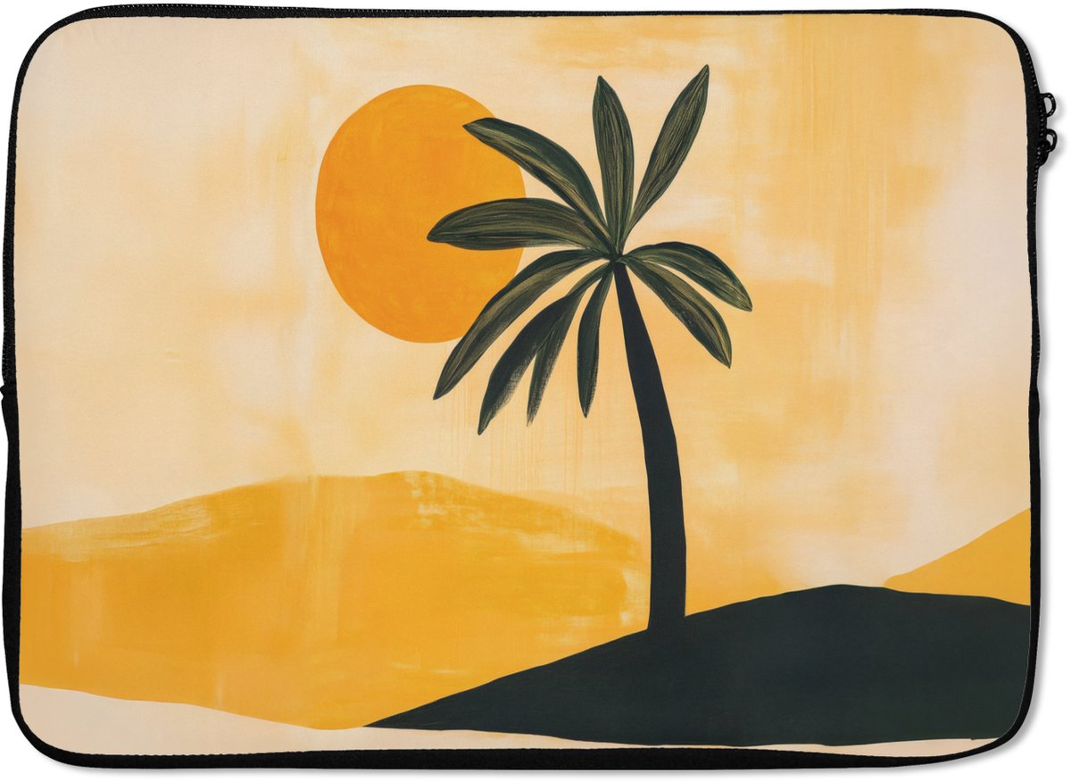 Laptophoes 13 inch - Illustratie - Palmboom - Zon - Heuvels - Laptop sleeve - Binnenmaat 32x22,5 cm - Zwarte achterkant
