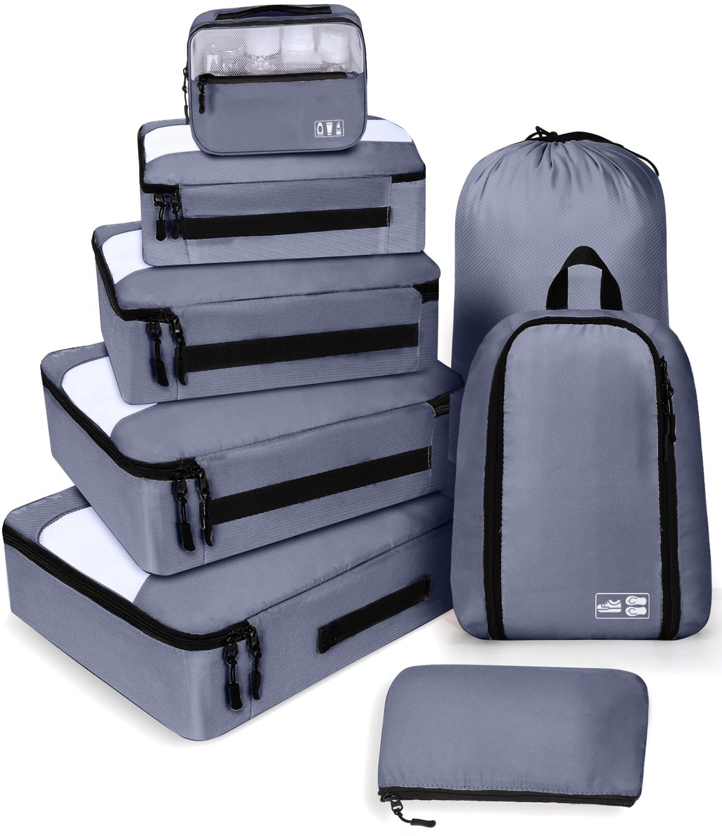 Ibenzoa® Koffer Organizer Set voor Efficiënt Reizen – 8 Delige Verpakkingskubussen met Schoenentas en Meer