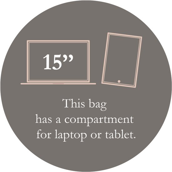 Iconen tonen een laptopvak van 15 inch en de vermelding 'This bag has a compartment for laptop or tablet'.