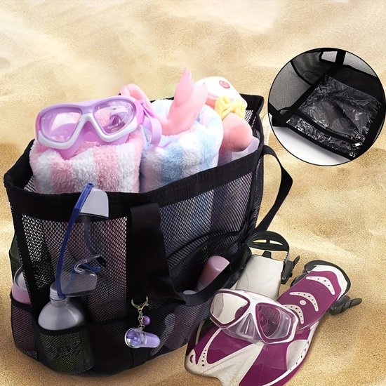 Mesh grote strandtas, extra grote multifunctionele mesh outdoor opbergtas, zandspeelgoed levensmiddelen opbergnettas, lichte nettas strand, picknick (zwart)