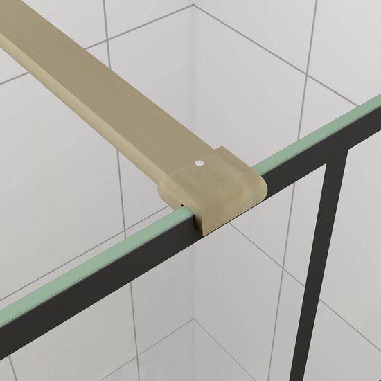 Douchewand-Inloopdouche 100x200cm met mat Zwart kader en raster 8mm NANO EasyClean veiligheidsglas gouden profiel N-Form 90cm Stabilisatiestang
