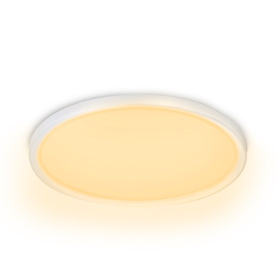 Ronde, platte plafondlamp met een warm witte gloed, diameter 45 cm.