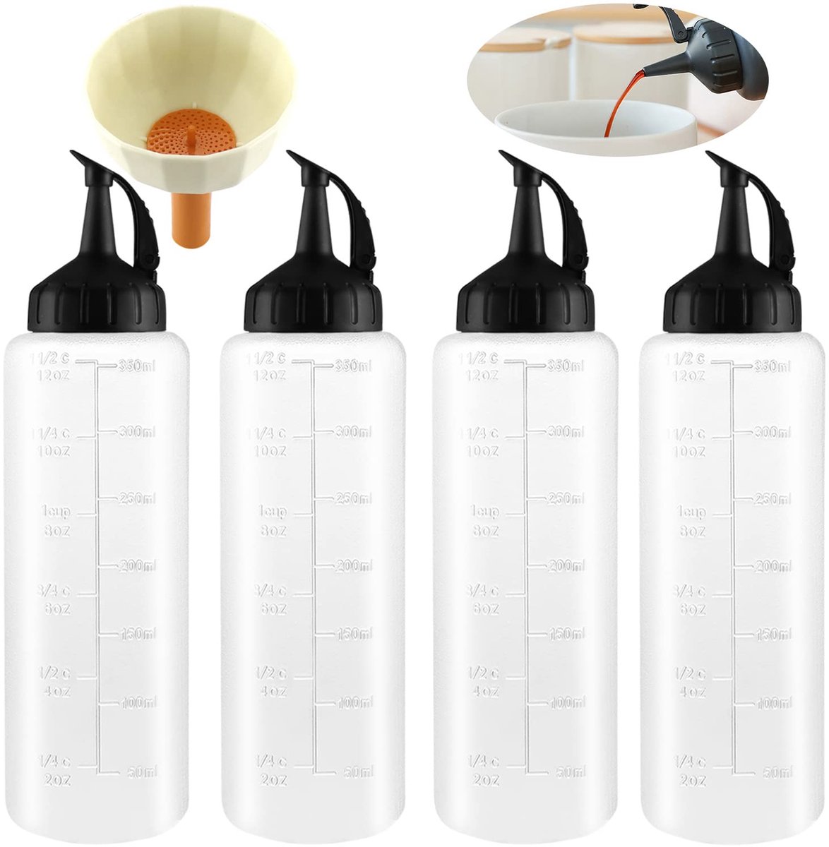 Ibenzoa® Herbruikbare Condimentflessen Set van 4 met Trechter en Doseerschaal, 350 ml
