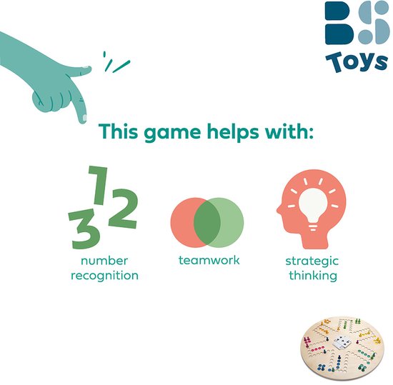 Illustratie met "This game helps with:", cijferherkenning, teamwork en strategisch denken. Inclusief het BS Toys logo.