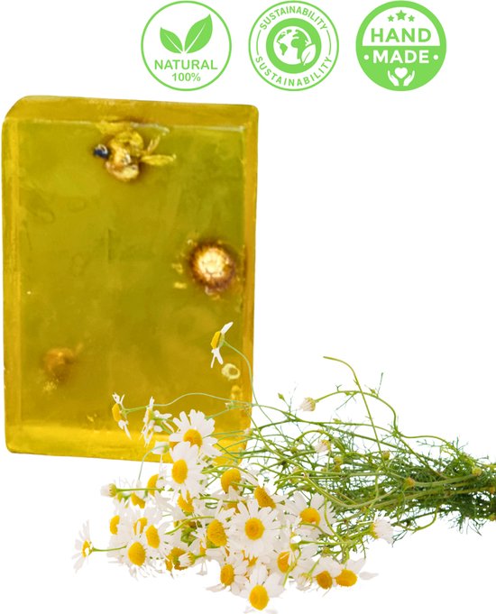 De Vitamineshop - Zeep - Zeep - Natuurlijke Kamilleolie Zeep Blok - Met Echte Kamille – Handgemaakt & 100% Natuurlijk – Kalmerende Huidverzorging - Handzeep - Douchezeep - Cadeau - 120 gr