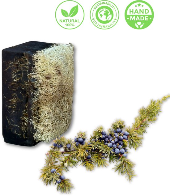 De Vitamineshop - Zeep - Zeep - Natuurlijke Jeneverbessen Zeep Blok met Luffa – 100% Natuurlijke & Handgemaakte Loofah Scrubzeep - Handzeep - Douchezeep - Cadeau - 120 gr