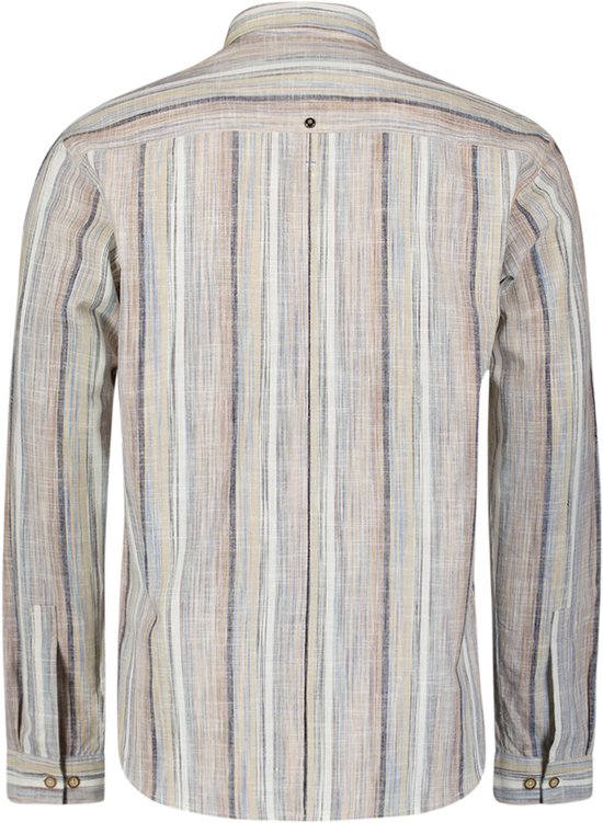 Achterkant van een beige linnen mix blouse met verticale strepen in diverse kleuren. De blouse heeft een kraag, lange mouwen en een knoopsluiting.