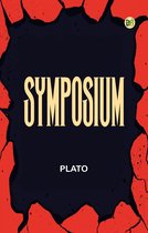 Boekomslag met de titel 'SYMPOSIUM' in grote, gele letters, en daaronder 'PLATO' in kleinere letters. De achtergrond is donkerblauw met rode, gebarsten randen.
