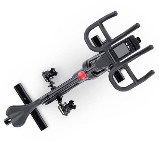 Bovenaanzicht van de zwarte FitBike spinfiets console met handgrepen en pedalen.