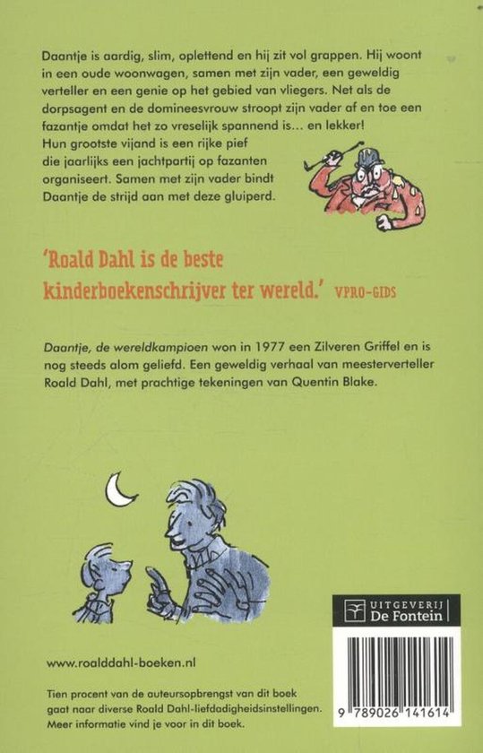 Achterkant van het boek "Daantje, de wereldkampioen" met beschrijving, illustraties en uitgeverij De Fontein.