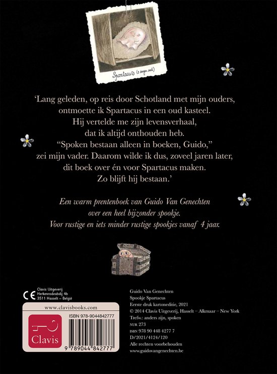 Boek Spookje Spartacus door Guido Van Genechten, met een illustratie van een spookje in een kistje en tekst.