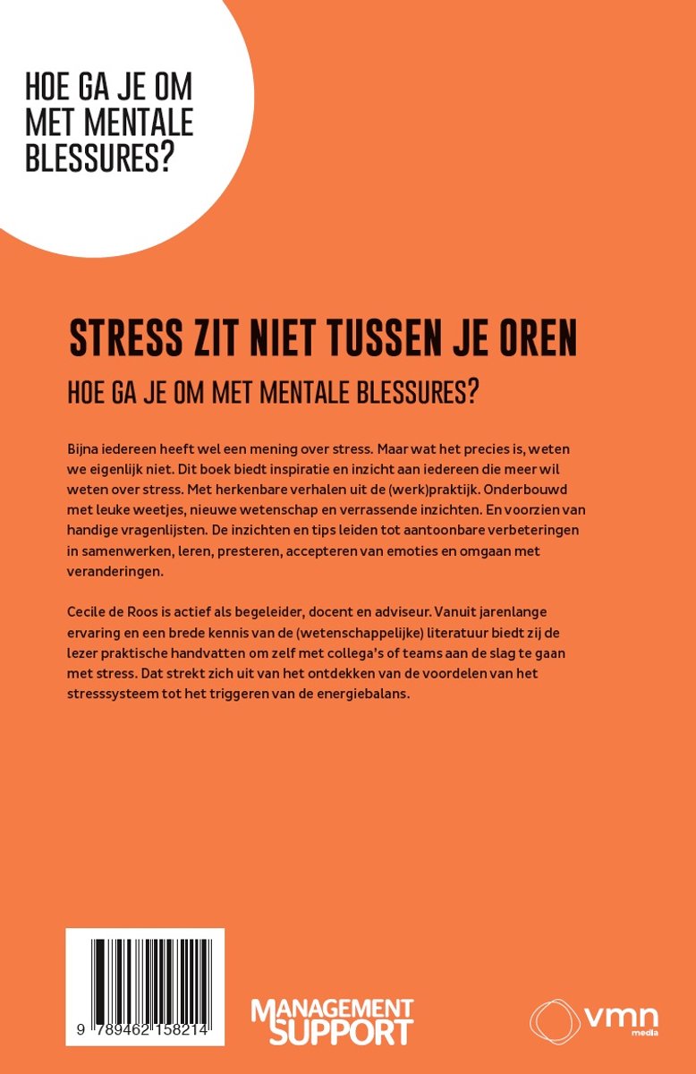 Boekomslag met titel 'Hoe ga je om met mentale blessures?' en 'Stress zit niet tussen je oren'.