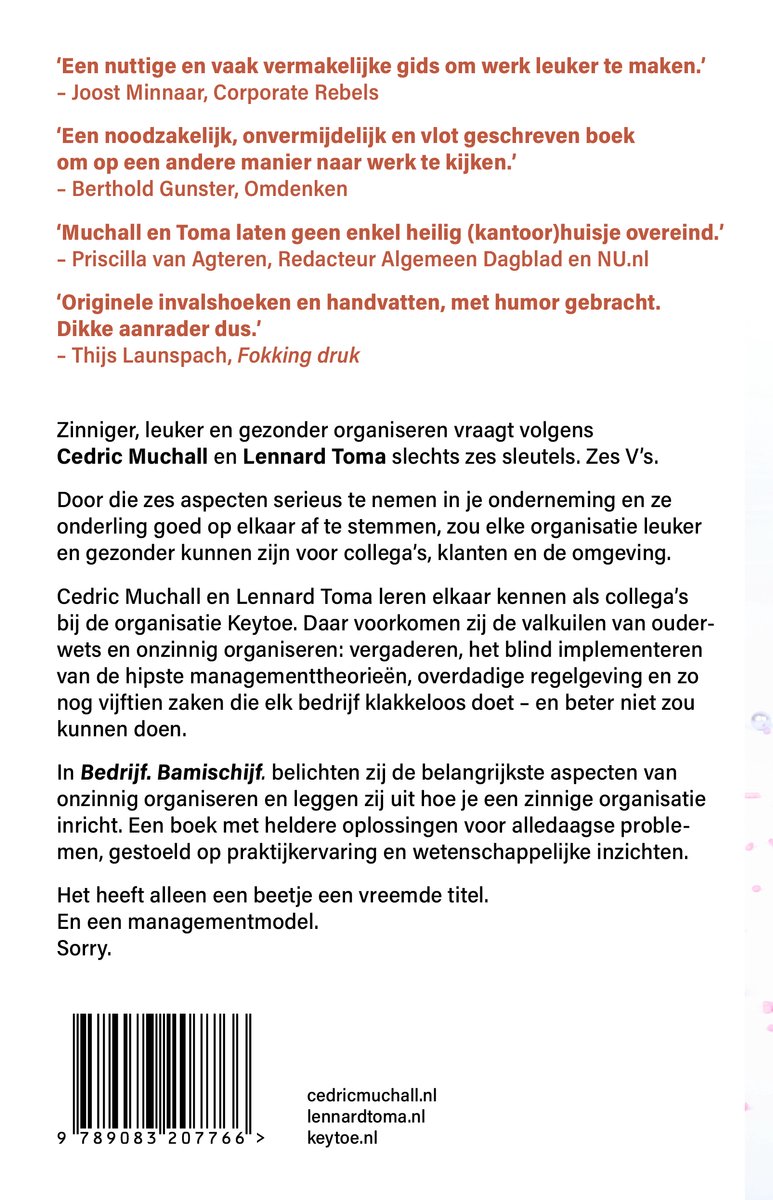 Boekcover met tekst. Een bamischijf met roze glazuur en parels. Titel: 'Bedrijf Bamischijf'.