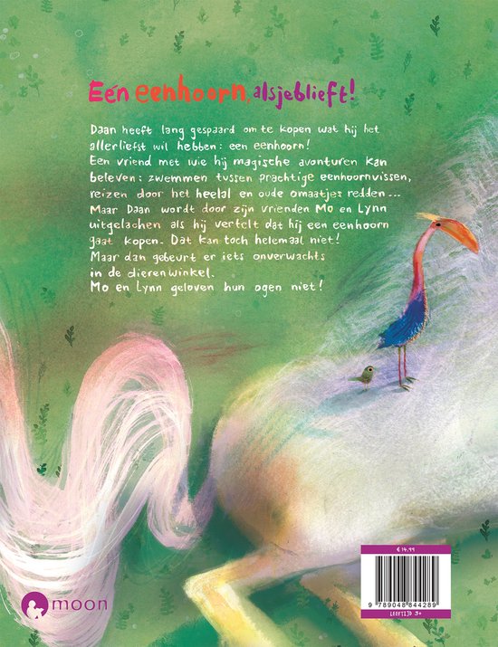Boekomslag met een illustratie van een roze-blauwe eenhoorn met een vogel en tekst.