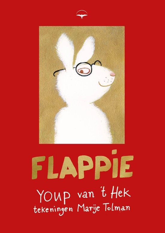 Boekomslag van 'Flappie' met een tekening van een wit konijn met bril op een gouden achtergrond. Titel 'FLAPPIE' in grote gele letters.