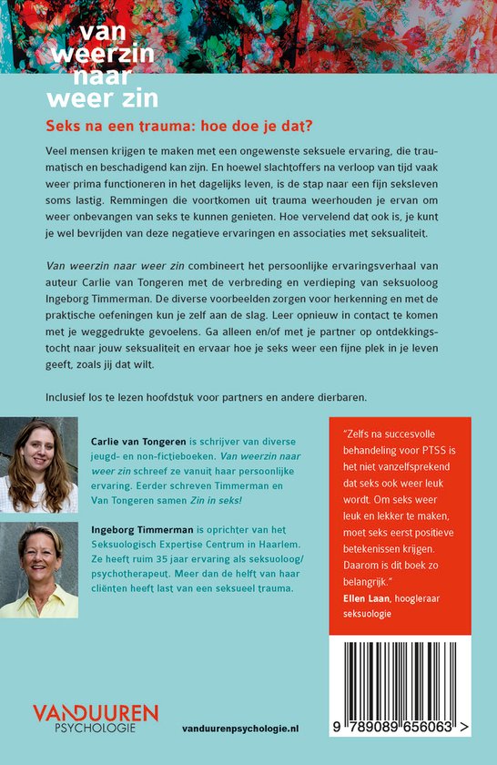 Boekomslag met portretten van de auteurs Carly van Tongeren en Ingeborg Timmerman. Titel: Van weerzin naar weer zin.