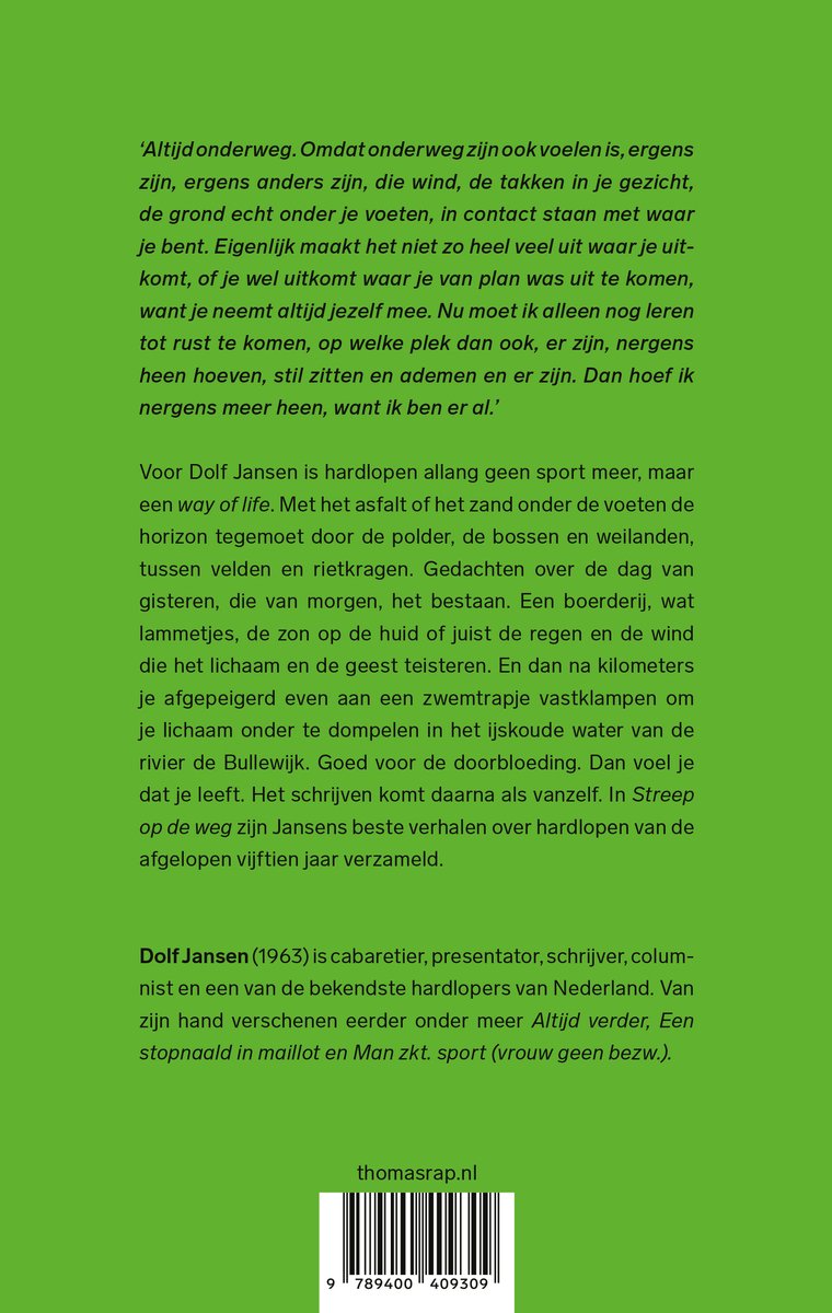 Boekcover met tekst over hardlopen door Dolf Jansen. Met ISBN barcode onderaan.