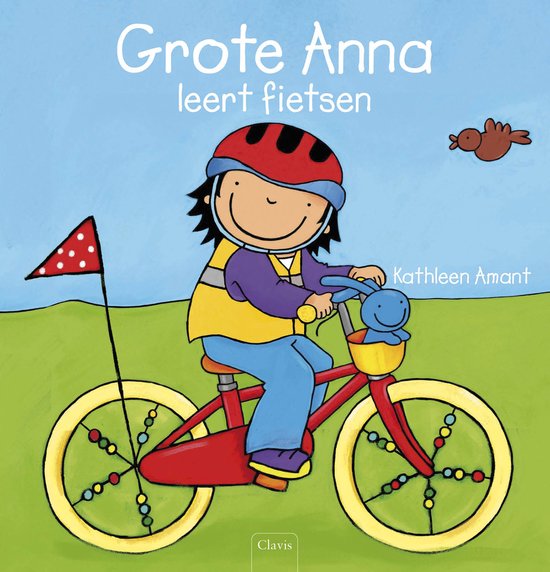 De omslag van 'Grote Anna leert fietsen'. Anna zit op een rode fiets met gele wielen en een blauwe mand. Ze draagt een rode helm.