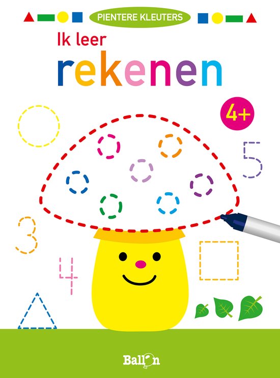 Voorpagina van kinderboek 'Ik leer rekenen' met een paddenstoel, cijfers, vormen en de tekst '4+'.