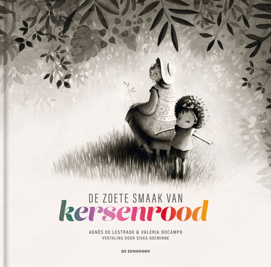 Een illustratie van een oudere vrouw en een jong kind, met de tekst 'DE ZOETE SMAAK VAN kersenrood'.