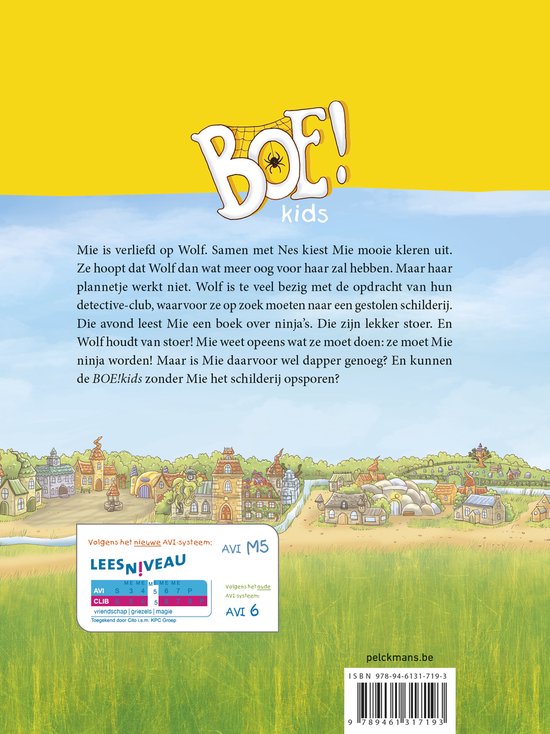 Boek kaft met de titel "BOE! kids", een illustratie van een stad en de tekst "Volgens het nieuwe AVI systeem: LEES NIVEAU".