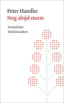 Boekhoes met de titel 'Nog altijd storm' van Peter Handke, vertaald door Miek Zwamborn. De hoes is wit met rode tekst en een rood patroon van 'x' en '-' tekens.