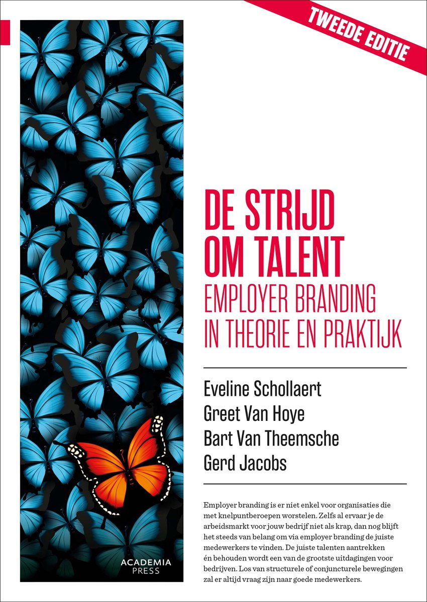Boek kaft met donkerblauwe achtergrond versierd met vlinders, en rode tekst met de titel 'De Strijd om Talent'.