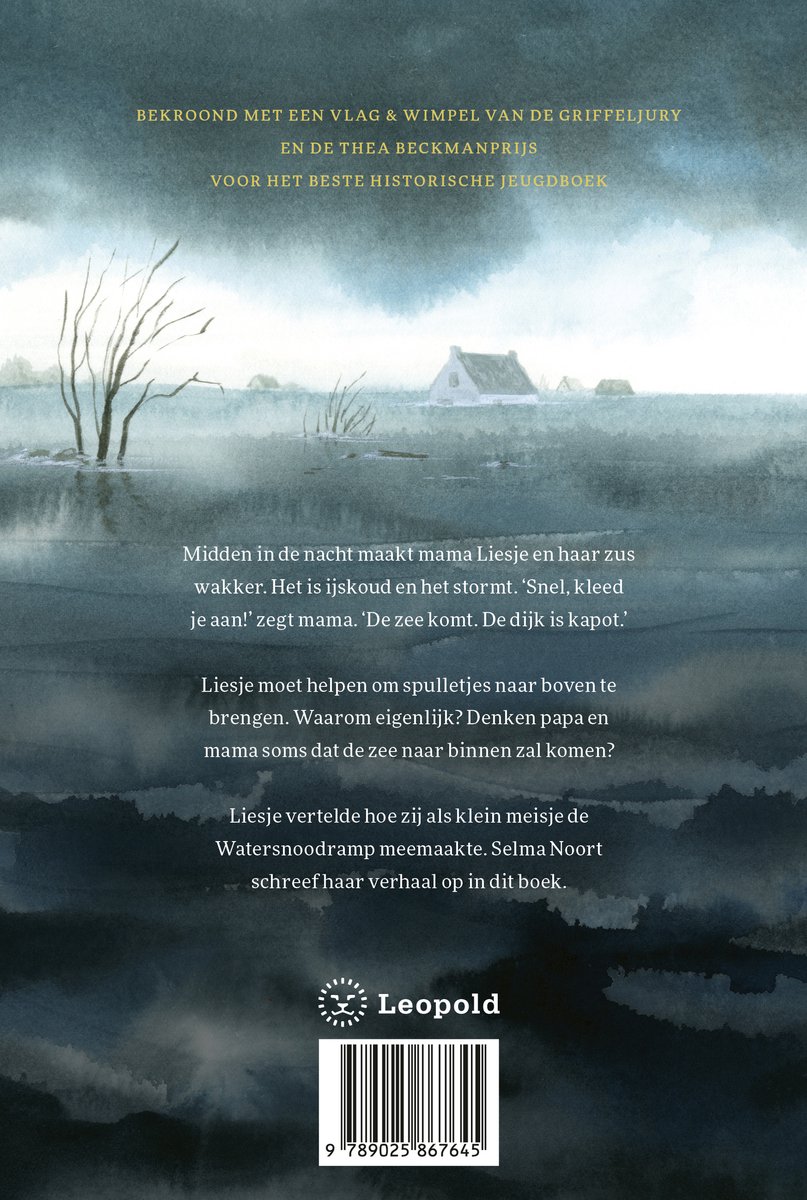 Achterkant boek "De zee kwam door de brievenbus". Overstromend landschap met huis, boot en tekst.