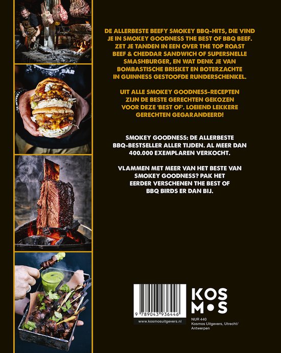 Achterkant boek 'Smokey Goodness - The Best of BBQ Beef'. Met foto's van vleesgerechten en tekst.