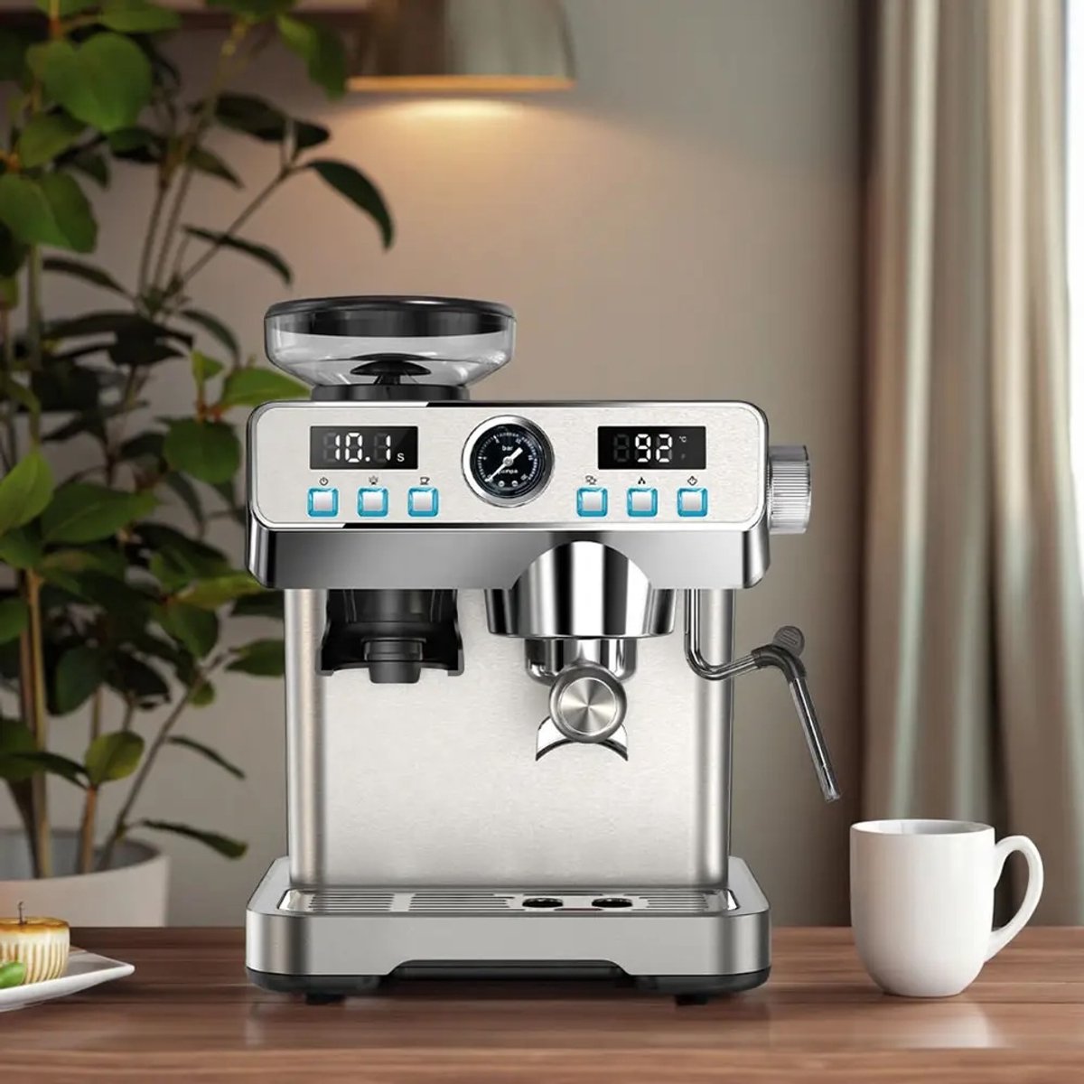 Afbeelding 3 van Lopoleis® Barista Espressomachine – Pistonmachine met Koffiemolen – RVS Koffiemachine melkopschuimer – Bonenmaler – Brushed Stainless Steel