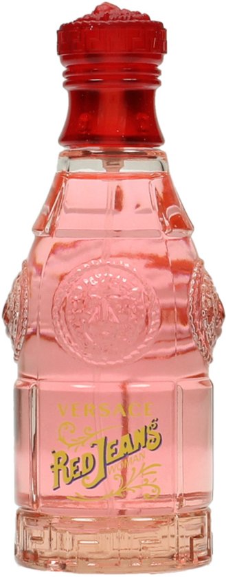Transparante fles eau de toilette Red Jeans Woman van Versace. De fles is gevuld met roze vloeistof.
