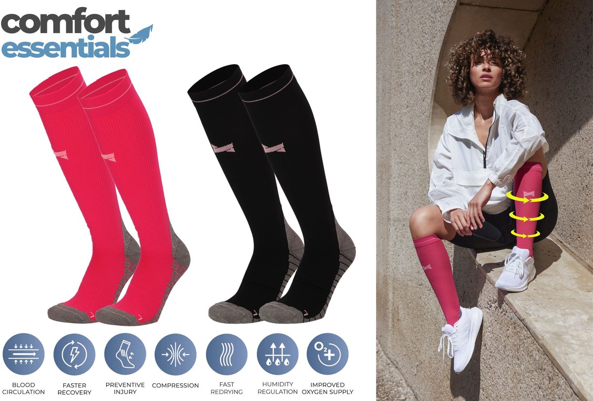 Comfort Essentials - Compressiekousen - Compressie Sokken - 2 Pack - Roze - Maat 39-42 - Hardloopsokken - Steunkousen - Sportsokken - Skisokken