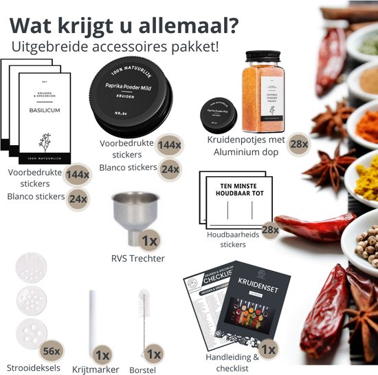 Overzicht van de inhoud van het kruidenpotjes accessoirepakket, inclusief potjes, stickers, trechter, borstel en handleiding.