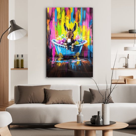 MuchoWow® Tableau sur verre 60x90 cm - Tableau sur verre acrylique - Âne - Baignoire - Rose - Mousse - Photo sur verre - Décoration murale salon - Décoration murale chambre - Peintures