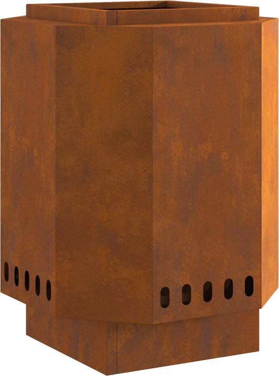Roestige cortenstaal vuurschaal met ovale ventilatiegaten aan de onderkant.