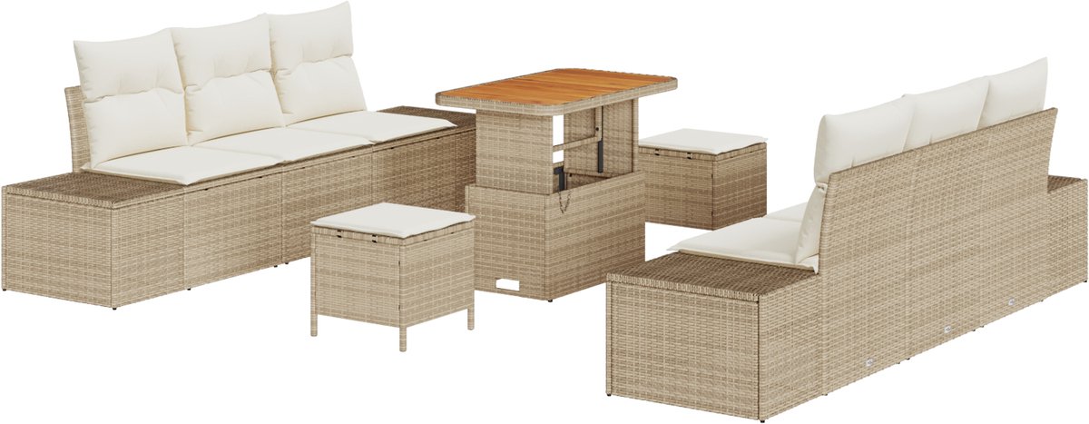 vidaXL - Tuinbank - Set - met - kussen - 9 - pcs - Beige - poly - rattan