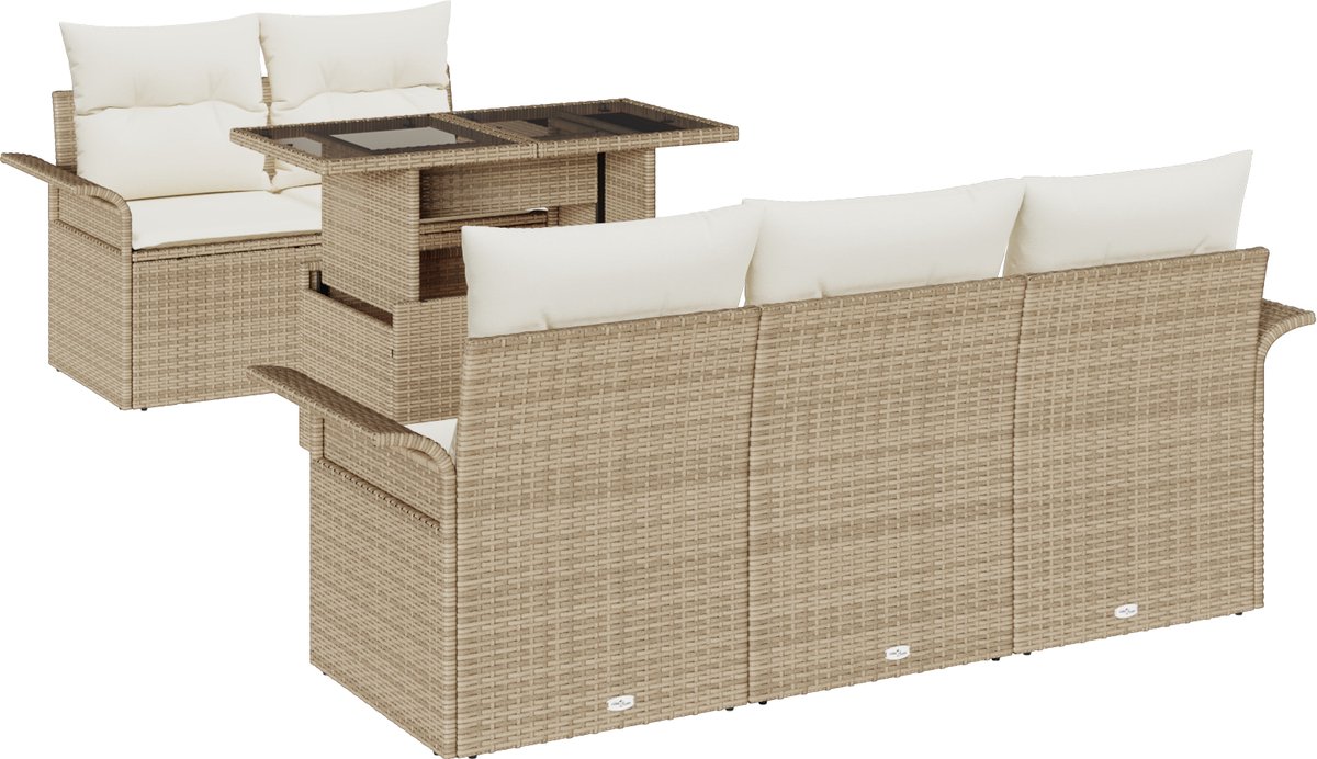 vidaXL - Tuinbank - Set - met - kussen - 6 - pcs - Beige - poly - rattan