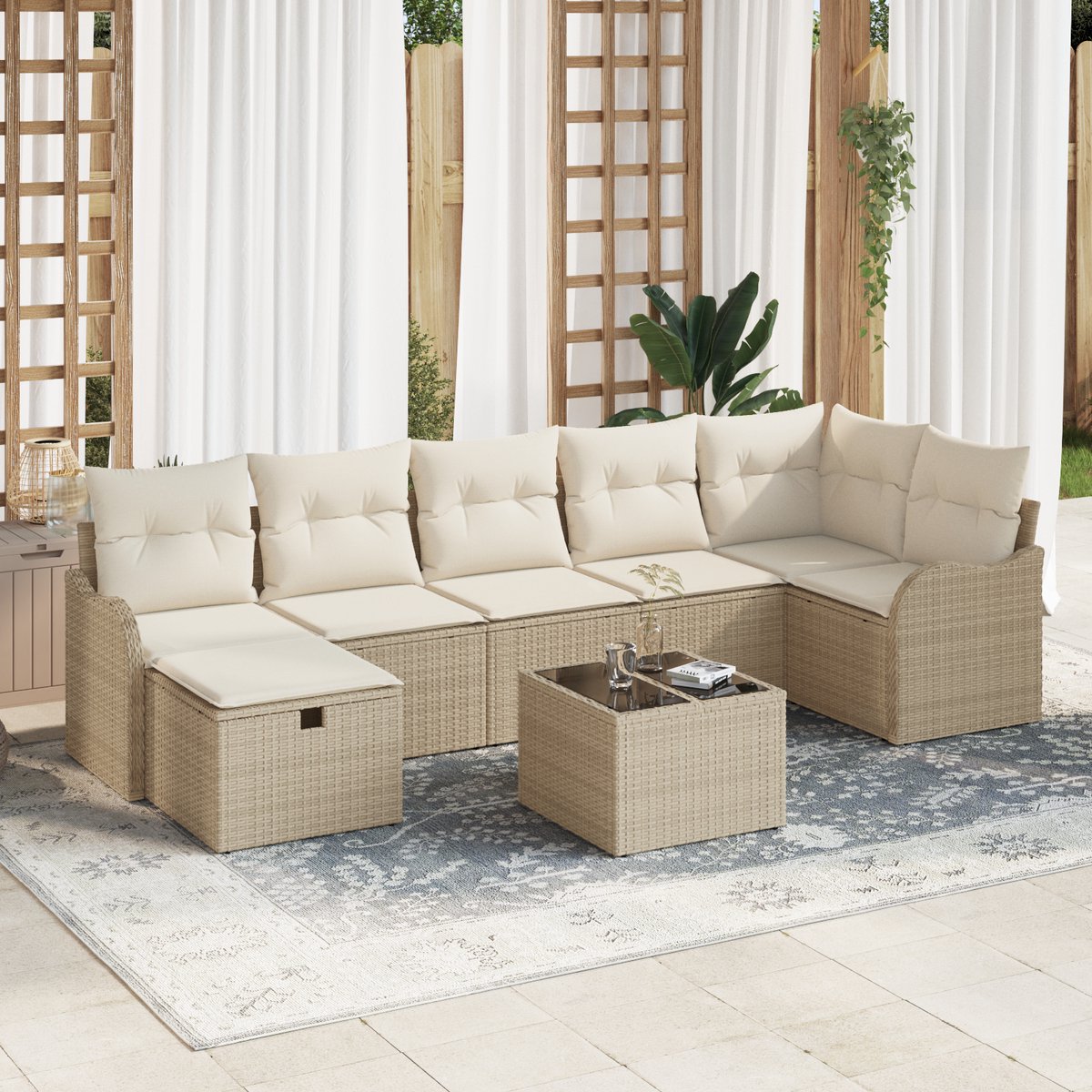 vidaXL - Tuinbank - Set - met - kussen - met - opslag - 8 - pcs - Beige - Poly - rattan