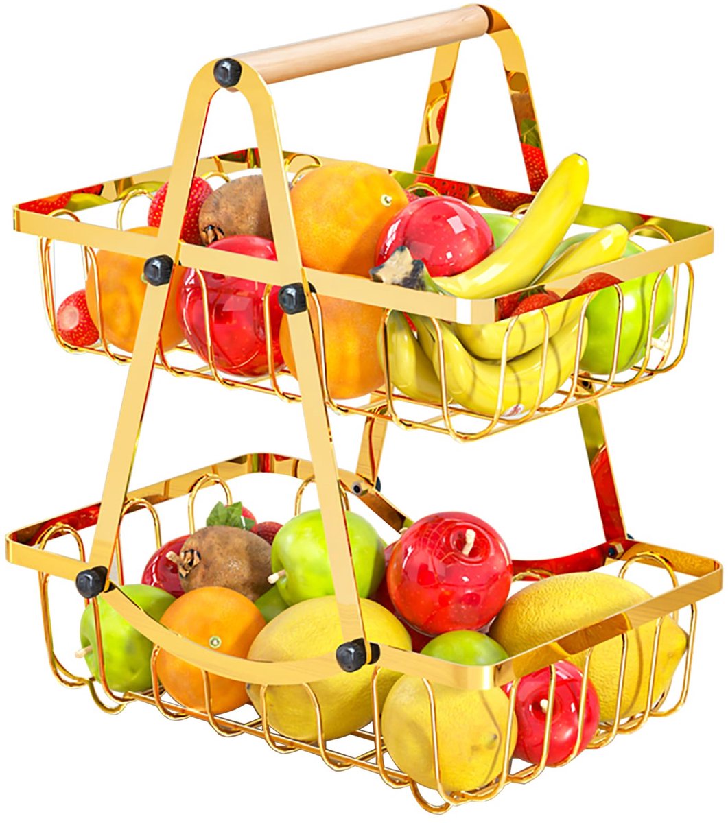Ibenzoa® Robuuste Metaal Fruitmand met Dubbele Verdieping - Zwart, Houten Handvat
