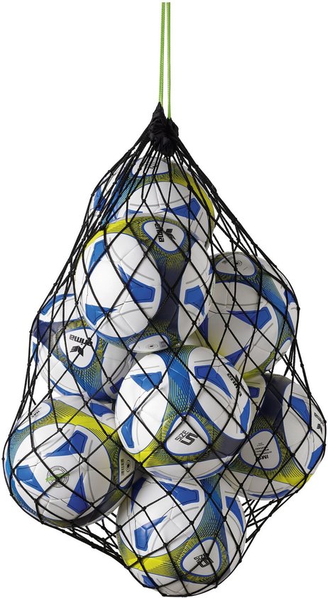 Filet noir avec des ballons blancs, des accents bleus et jaunes.