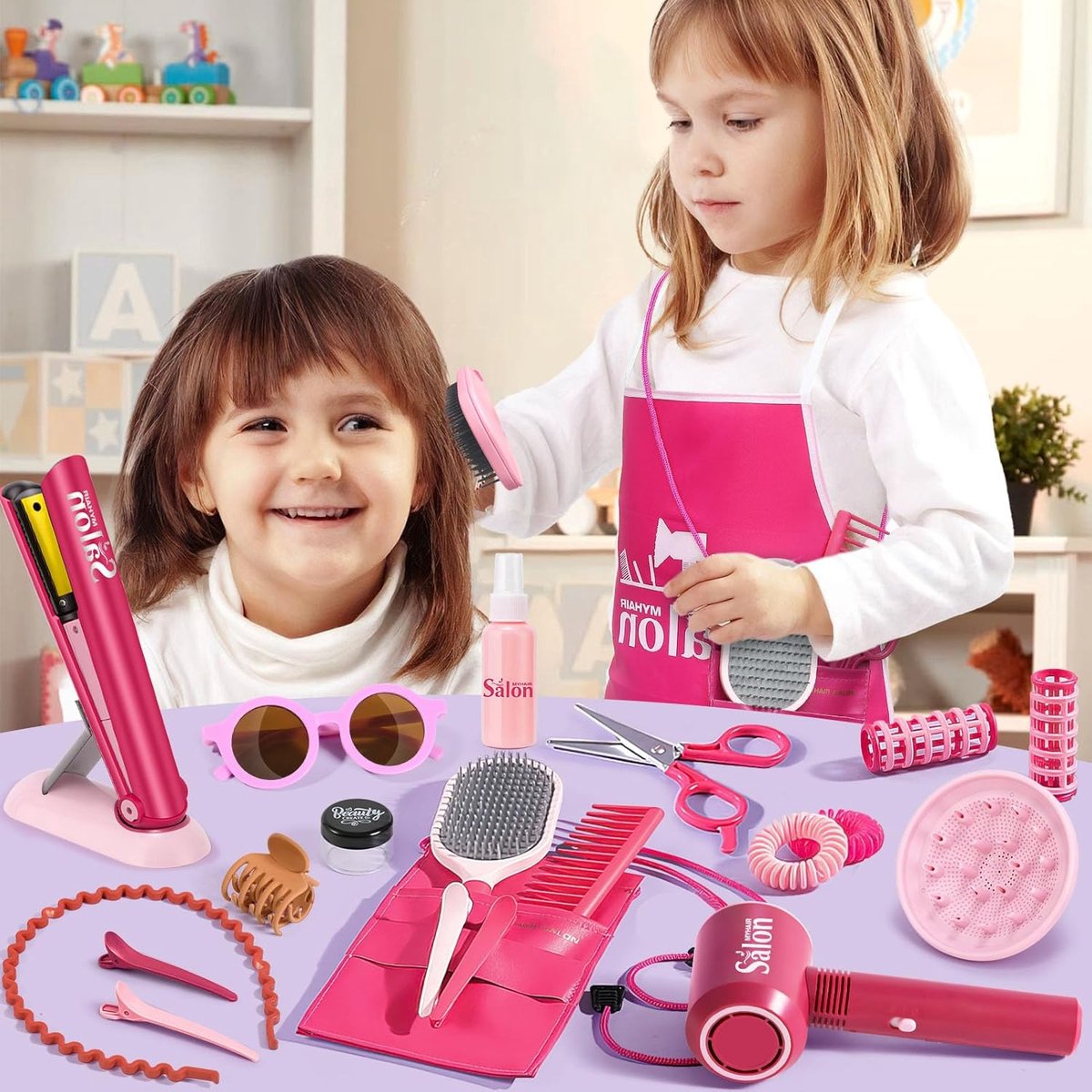 Kappersset Speelgoed voor Kinderen (22 stuks) - Kappers speelset - Met föhn die echt kan föhnen en accessoires- Haardroger - krultang - Haarborstel - Kapperskoffer - Make-upset Speelgoed — afbeelding 4