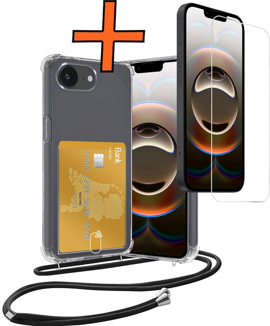 Hoesje Geschikt voor iPhone 16e Hoesje Met Telefoonketting Pasjeshouder Shockproof Case Met Screenprotector Koord - Hoesje Geschikt voor iPhone 16e Hoes Met Kaarthouder - Transparant